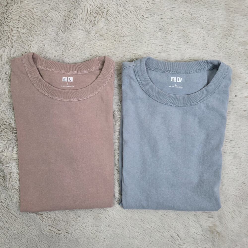 Uniqlo Crew Neck T-Shirt Lot of 2 Size Small Gray Beige Unisex 100% Cotton